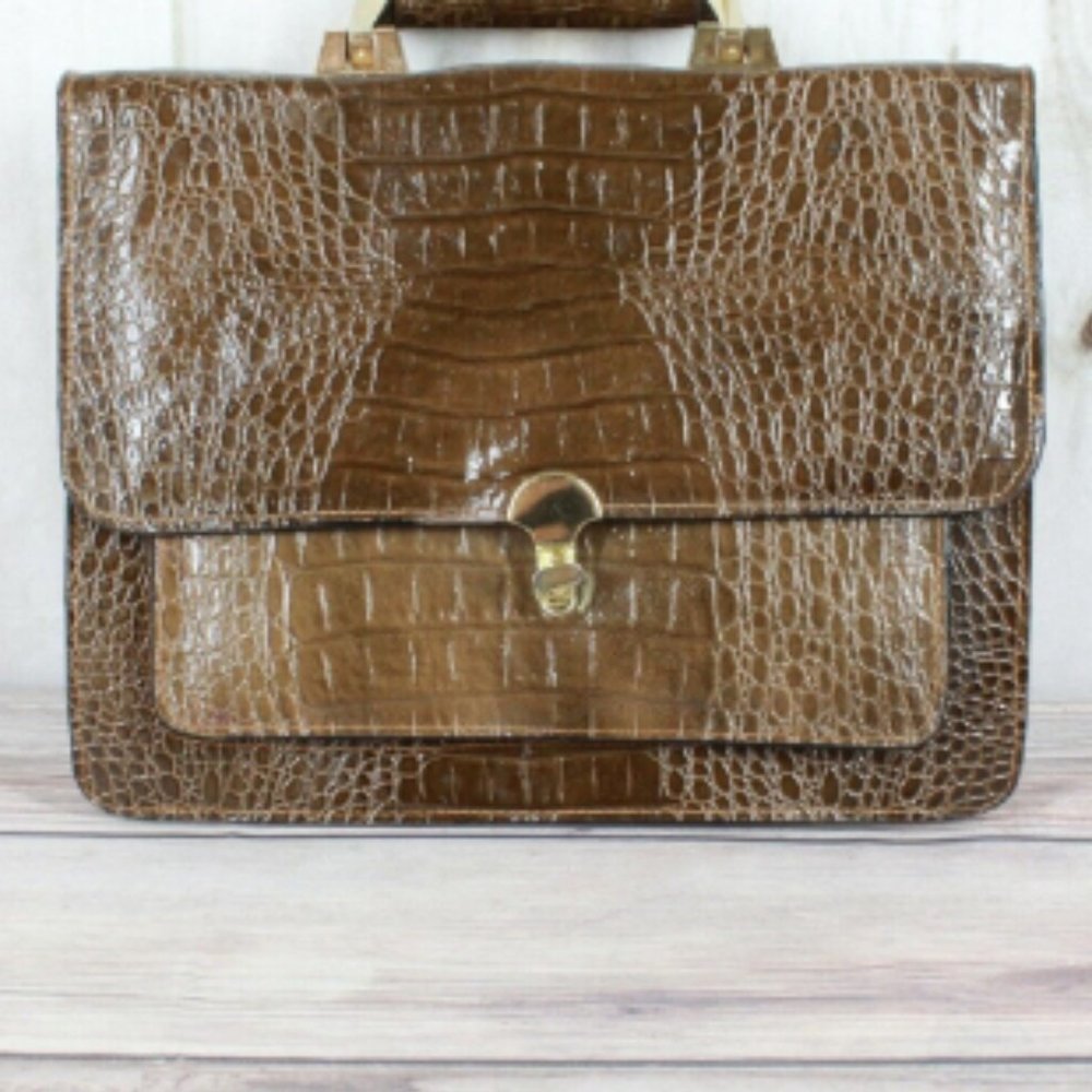 Vintage Brown Croc Leather Briefcase Document with Strap Shoulder Bag - Picture 2 of 7